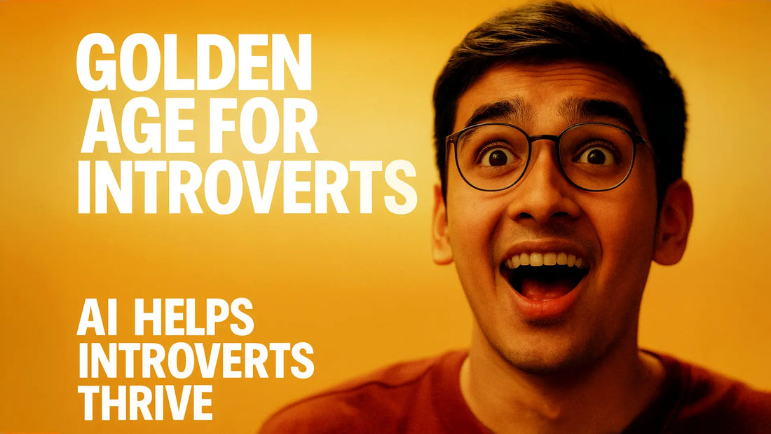 Gen Z introvert in awe on golden backdrop, headline Golden Age for Introverts
