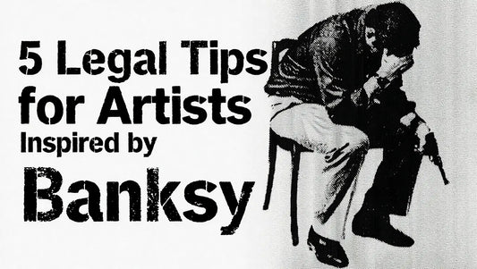 Black-and-white stencil-style artwork with text “5 Legal Tips for Artists Inspired by Banksy” alongside a distressed figure sitting on a chair, head in hands, evoking Banksy-inspired street art.