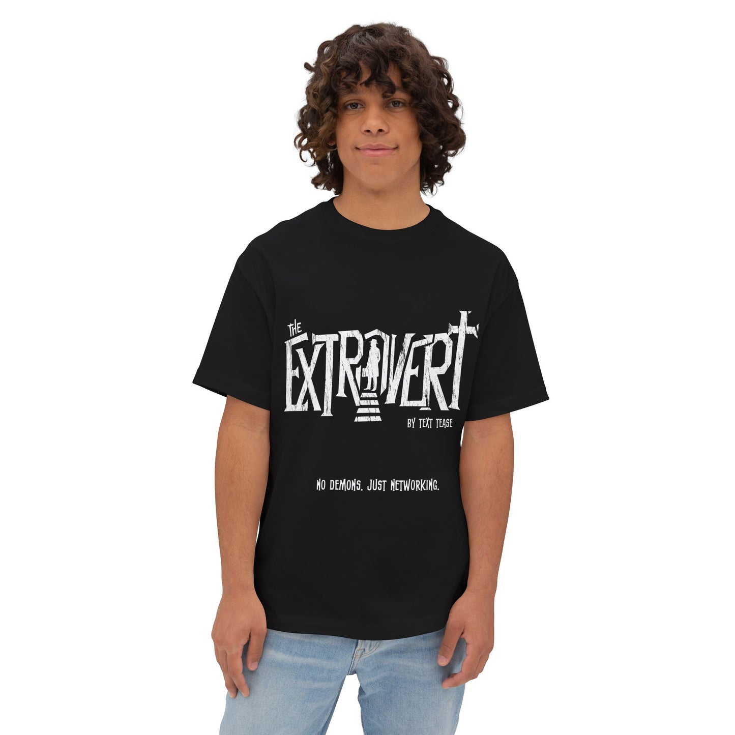 Black oversized introvert tee with Extrovert Horror distressed typography