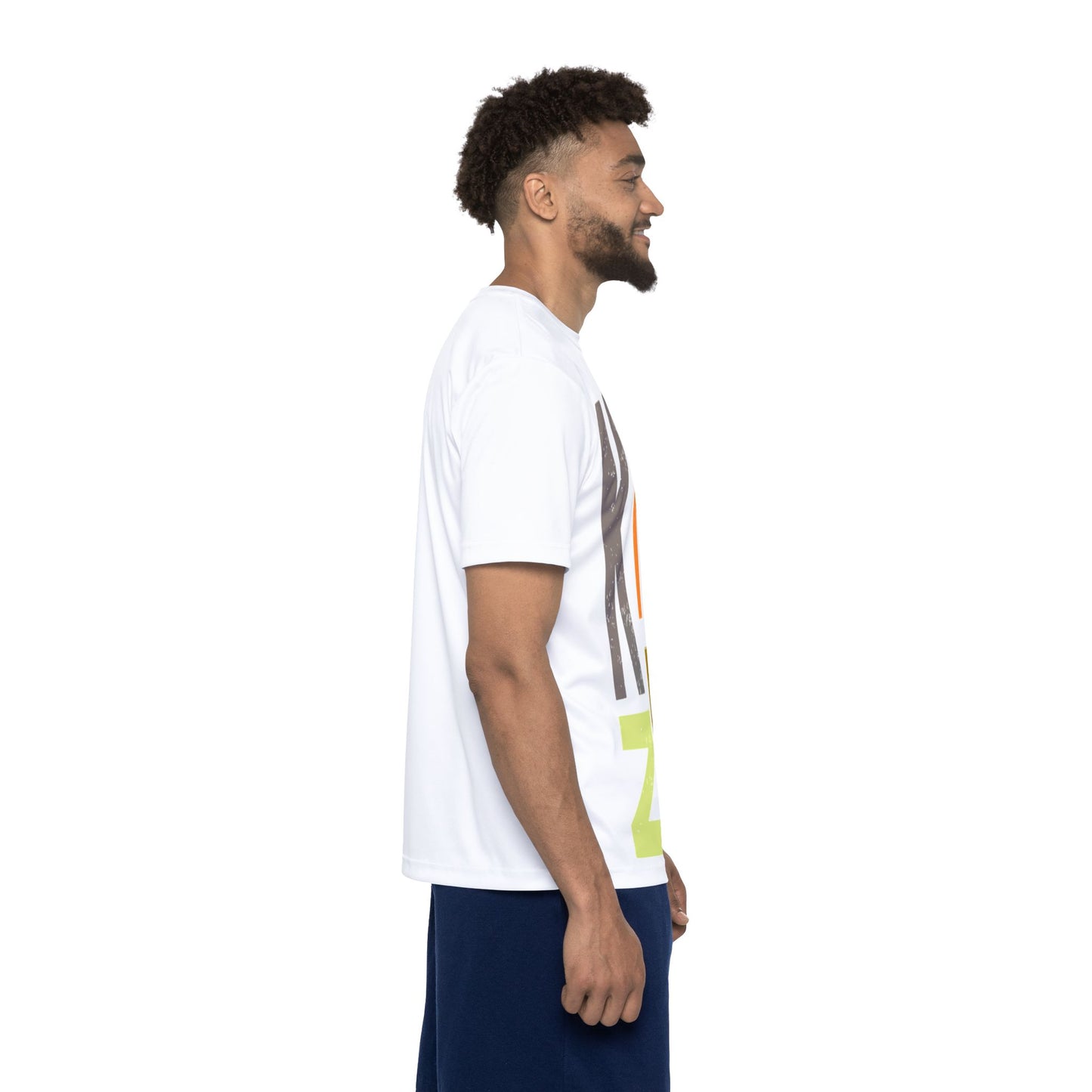 Man wearing a white t-shirt with colorful graphics on a white background