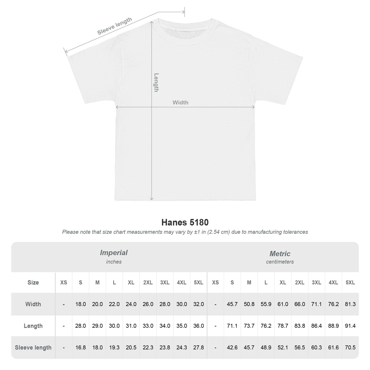White t-shirt with measurement chart on a white background