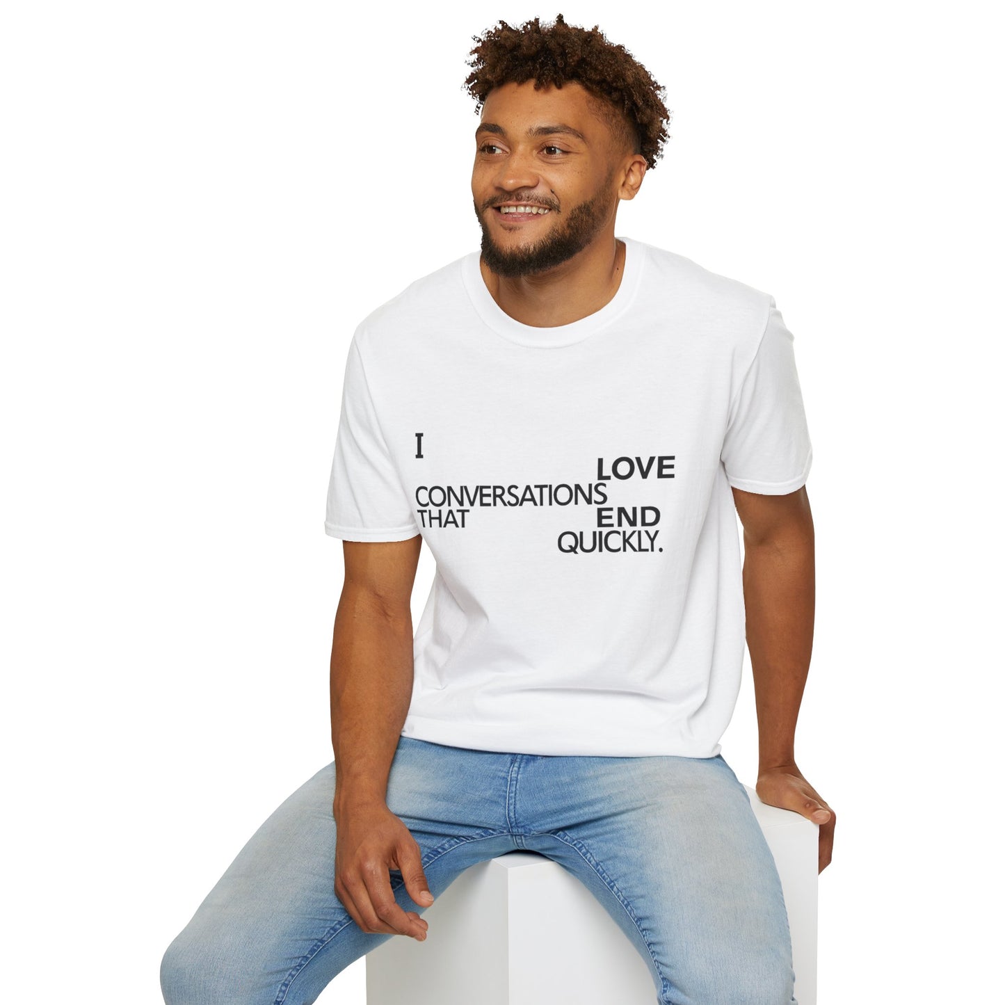 Anti social introvert tee that reads “I love conversations that end quickly” in bold text-only design
