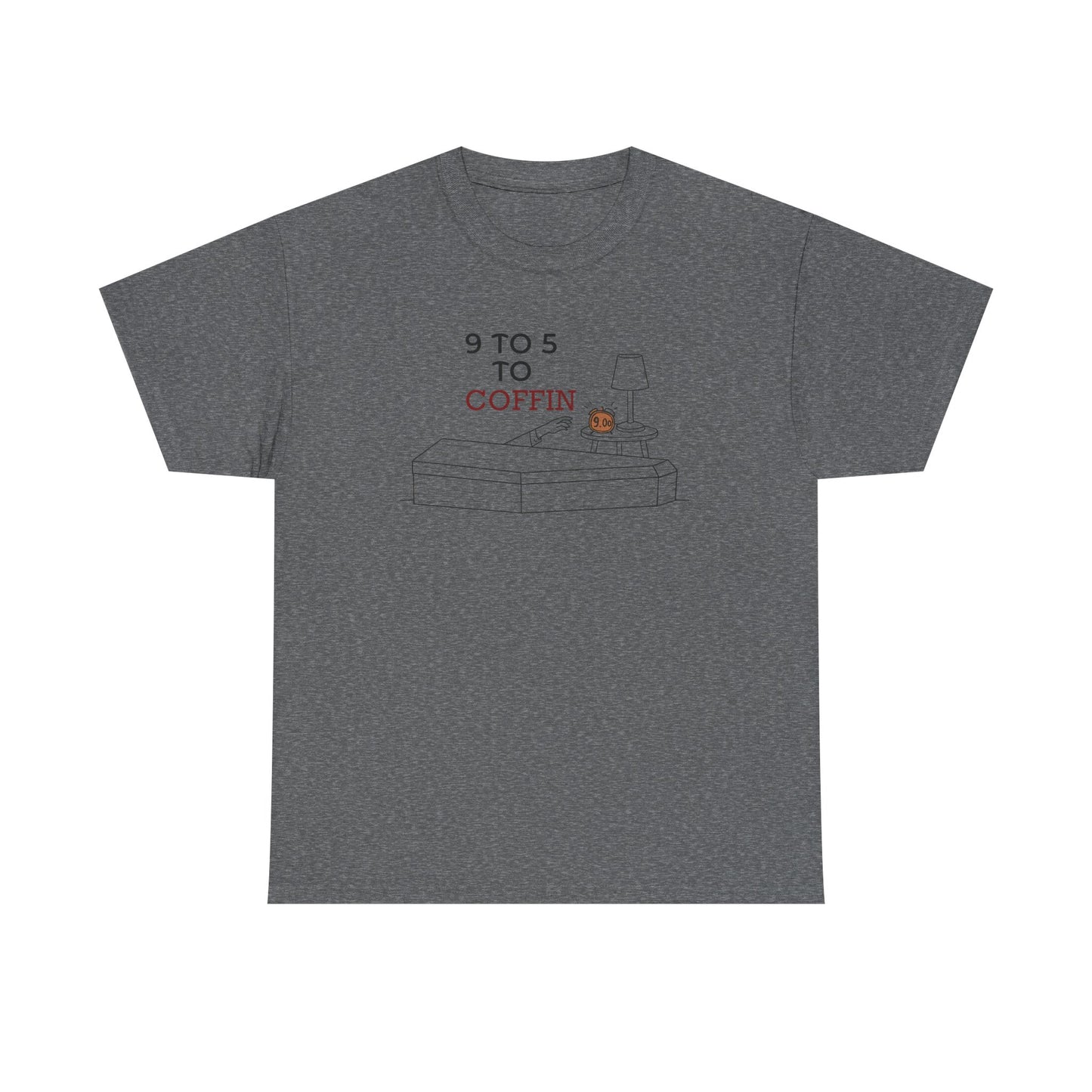 Gray Dead Inside shirt with “9 TO 5 to COFFIN” typography and coffin icon for introverts feeling job stress and burnout