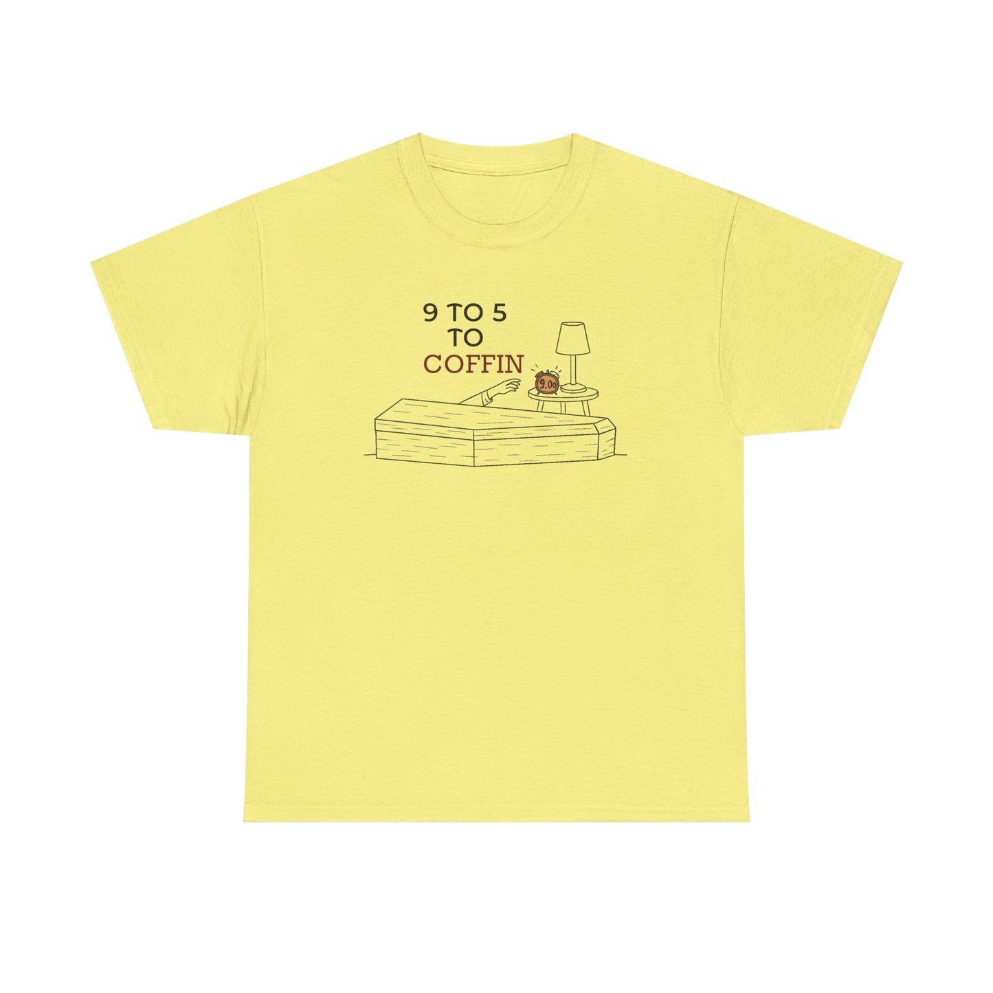 Yellow Dead Inside shirt with “9 TO 5 to COFFIN” typography and coffin icon for introverts feeling job stress and burnout