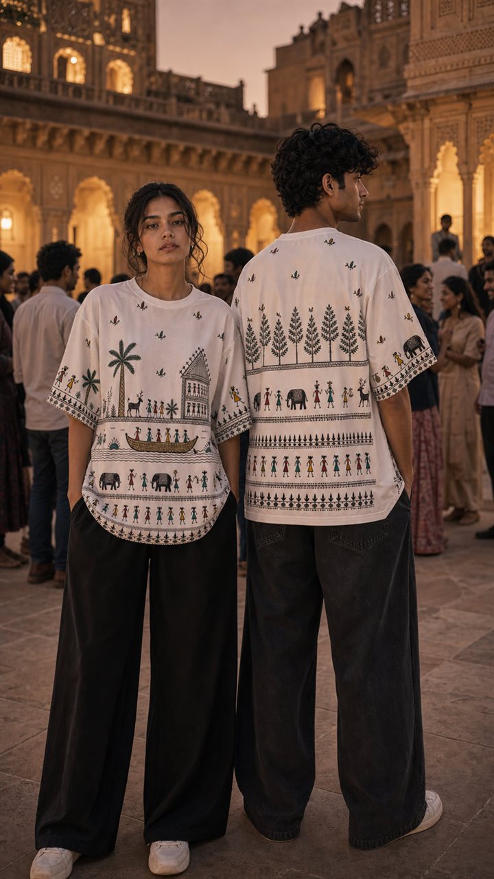 Two models wearing a white Saura-inspired oversized T-shirt, showing the illustrated front and back designs together.
