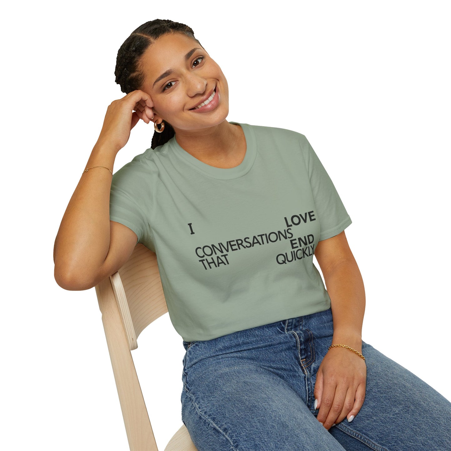 Anti social introvert tee that reads “I love conversations that end quickly” in bold text-only design