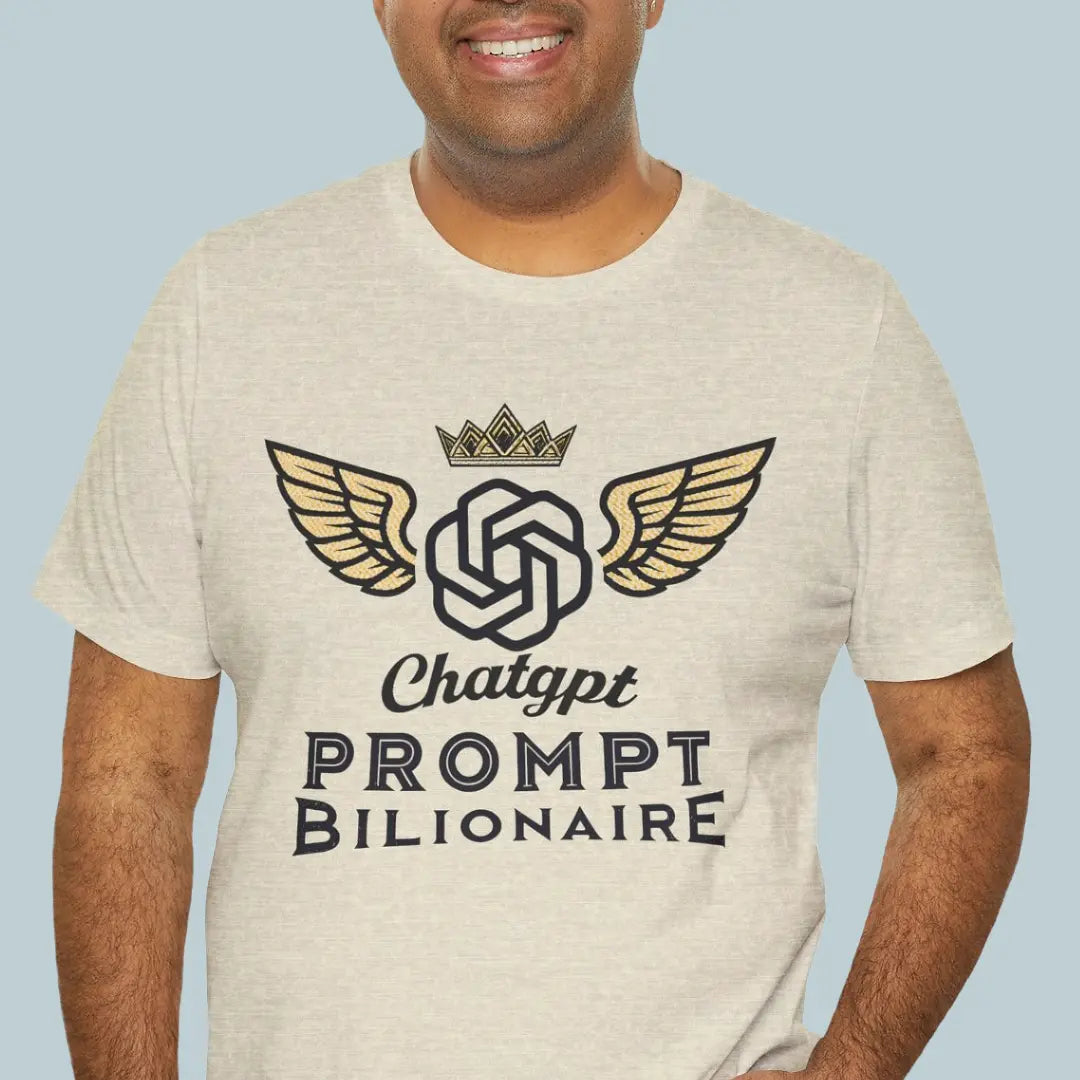 Light blue T-shirt with ChatGPT Prompt Billionaire crown-and-wings graphic on the front