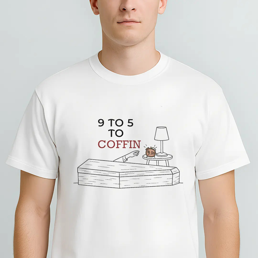 Person wearing a Dead Inside shirt with “9 TO 5 to COFFIN” typography and coffin icon for introverts feeling job stress and burnout