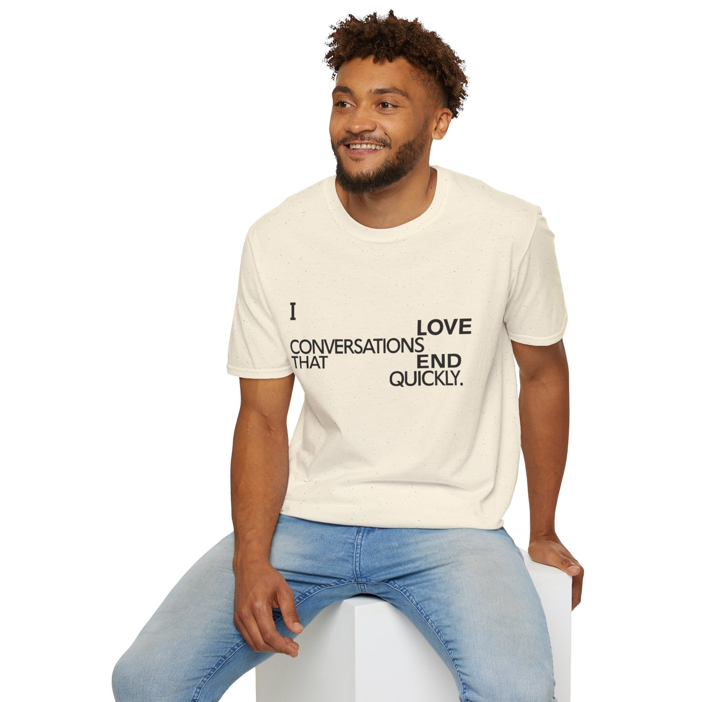Anti social introvert tee that reads “I love conversations that end quickly” in bold text-only design