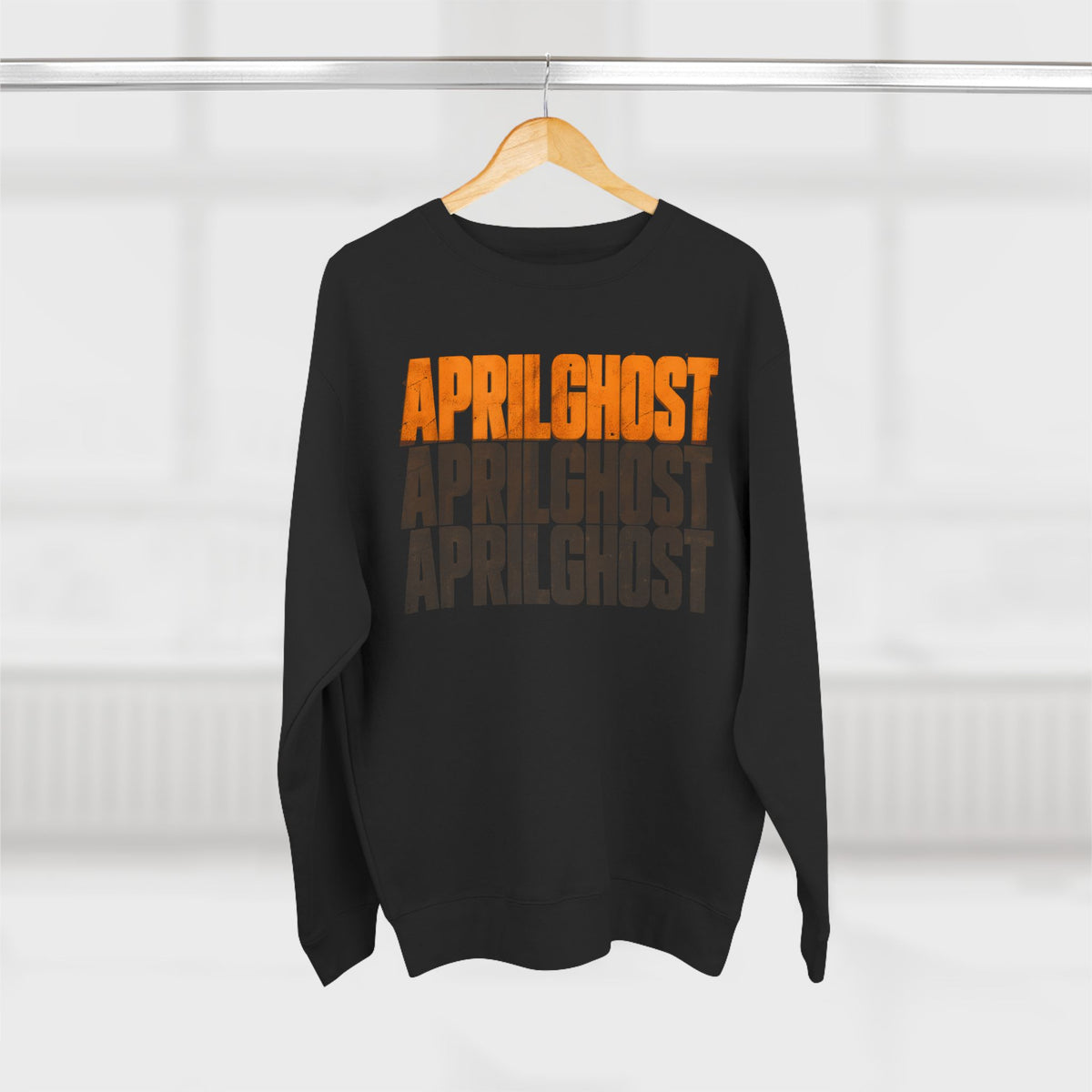 AprilGhost Ghost Ascent black crewneck sweatshirt with amber APRILGHOST typography and road-and-sky artwork
