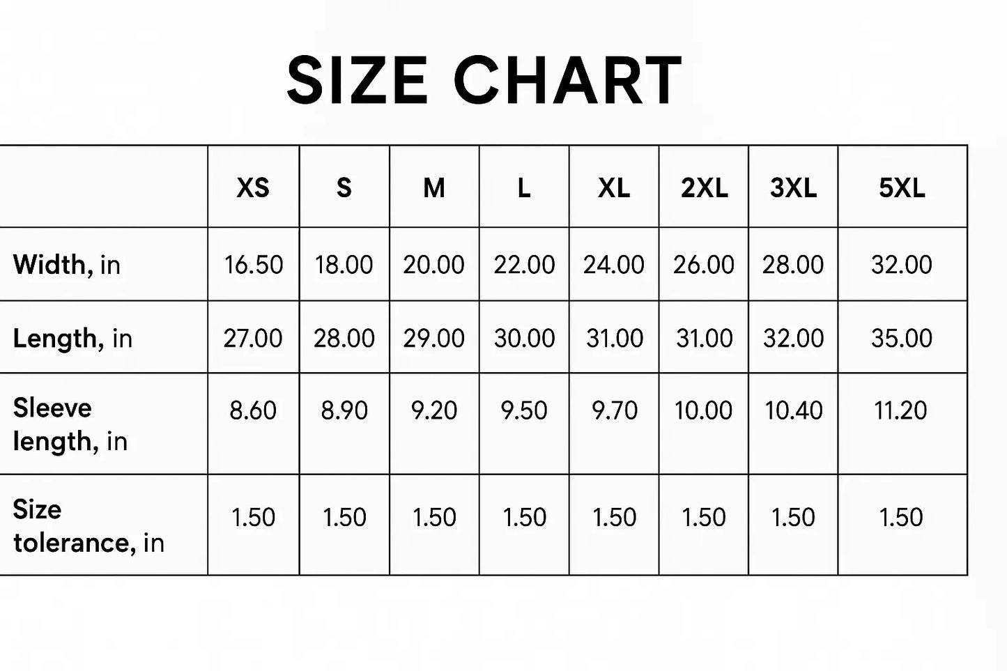 Size chart for clothing with measurements in inches