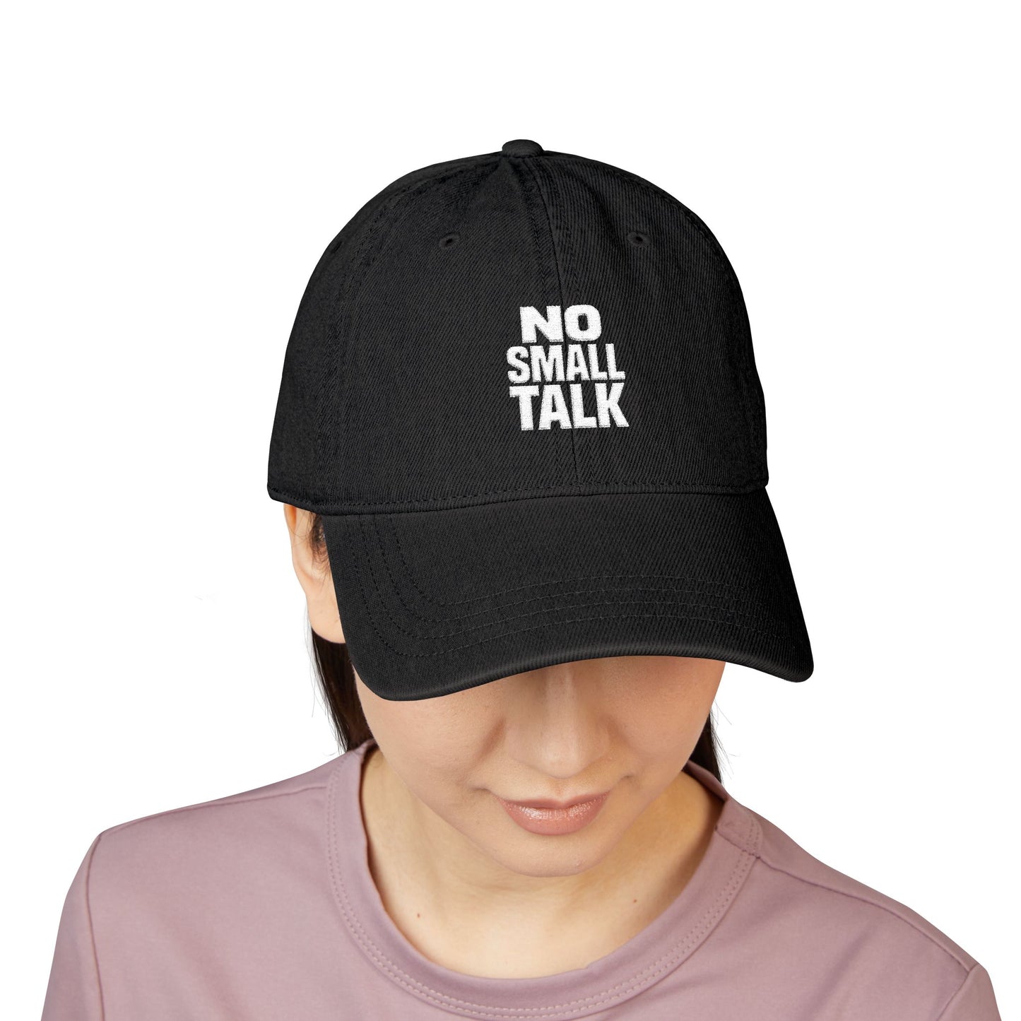 no small talk denim hat with witty text for introverts avoiding conversation