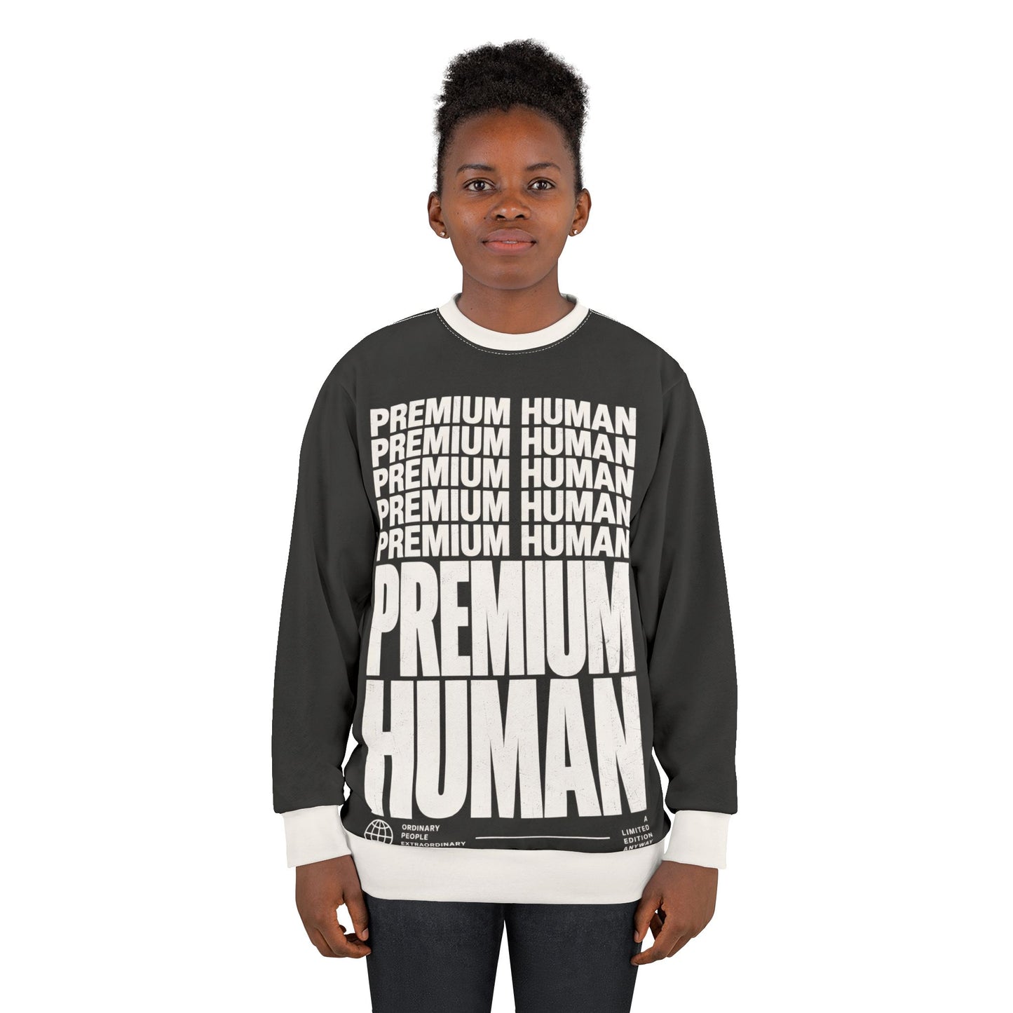 Premium Human charcoal graphic crewneck sweatshirt with high-contrast white typography and ribbed trim