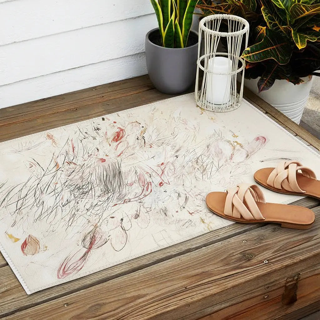 Decorative cream boho rug with expressive line art and abstract scribble details on a wooden surface, accompanied by sandals and potted plants.