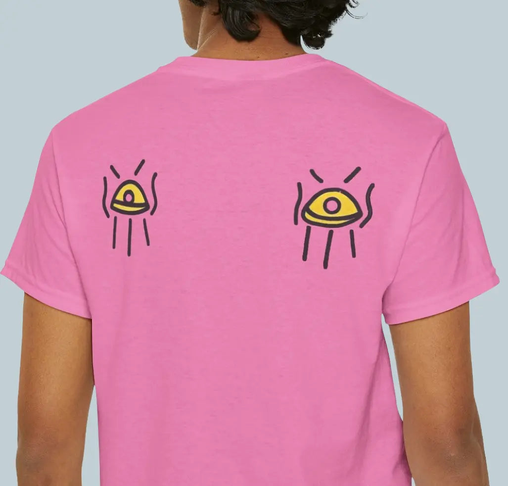 Back view of light pink Message Unavailable tee with radiant eye graphic
