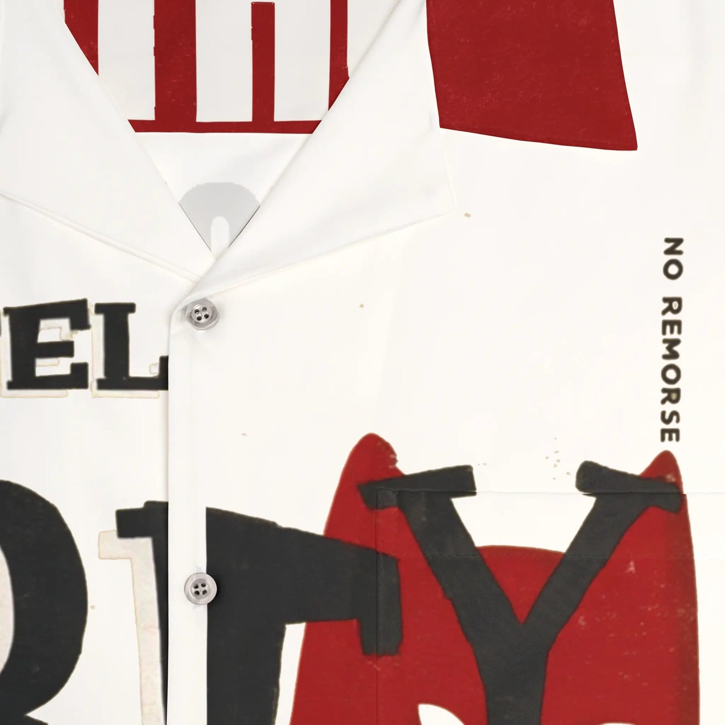 Close up of the Obey Cats propaganda shirt collar, highlighting the fabric texture and crisp red and black graphic print.