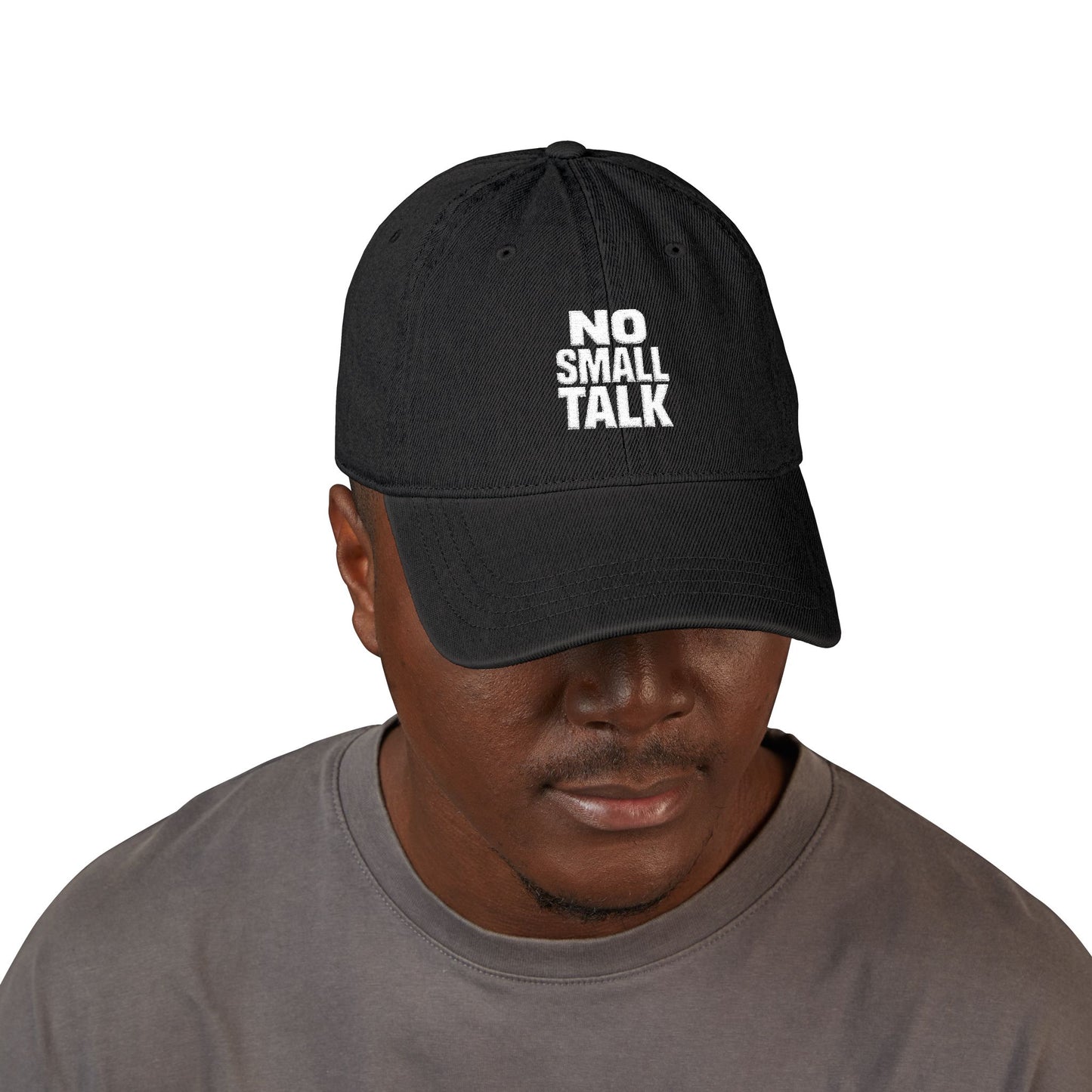 no small talk denim hat with witty text for introverts avoiding conversation
