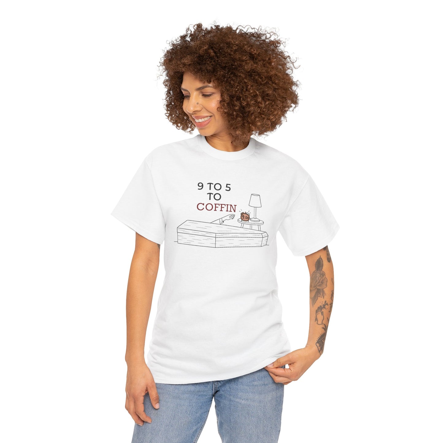Woman wearing a white Dead Inside shirt with “9 TO 5 to COFFIN” typography and coffin icon for introverts feeling job stress and burnout