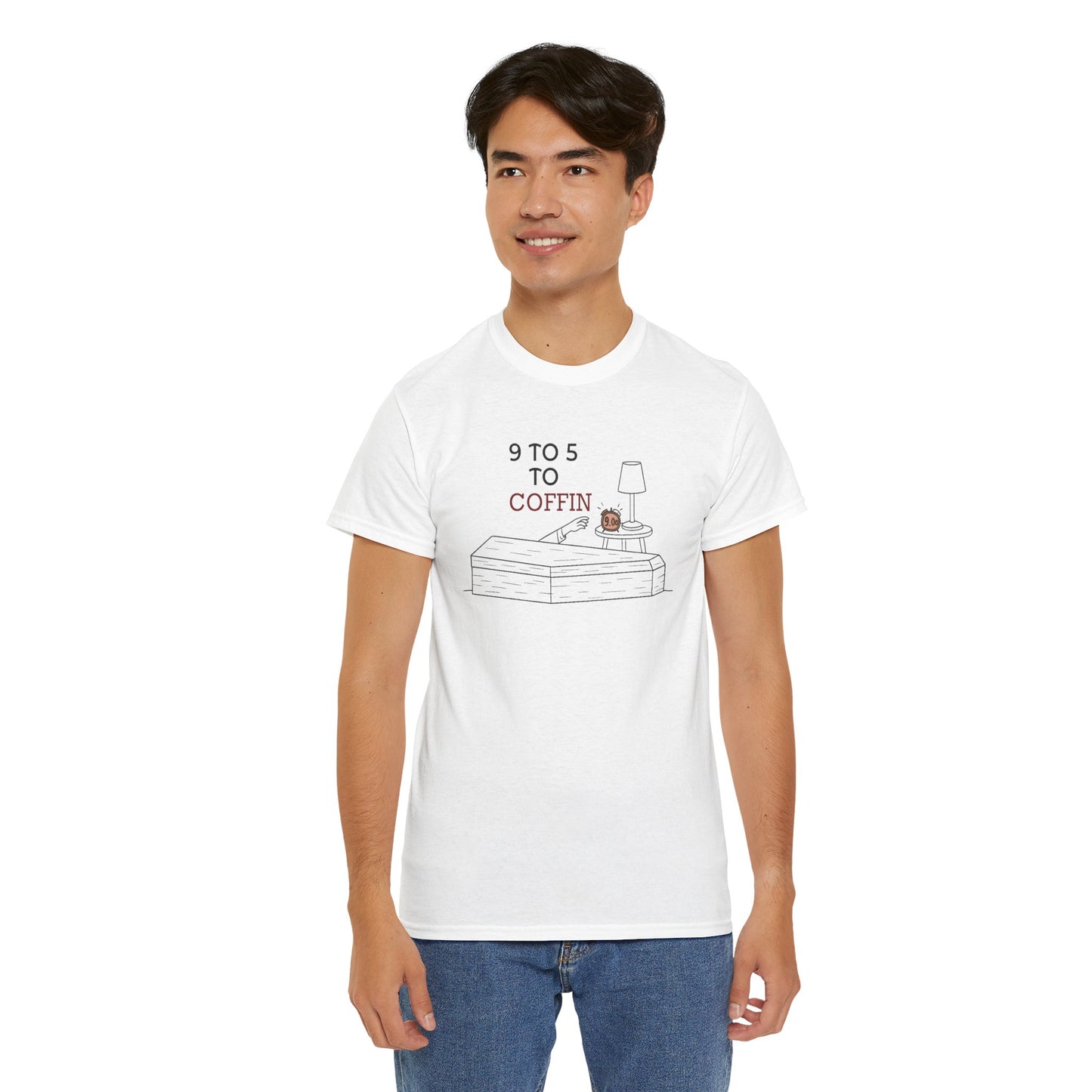 Person wearing a white Dead Inside shirt with “9 TO 5 to COFFIN” typography and coffin icon for introverts feeling job stress and burnout