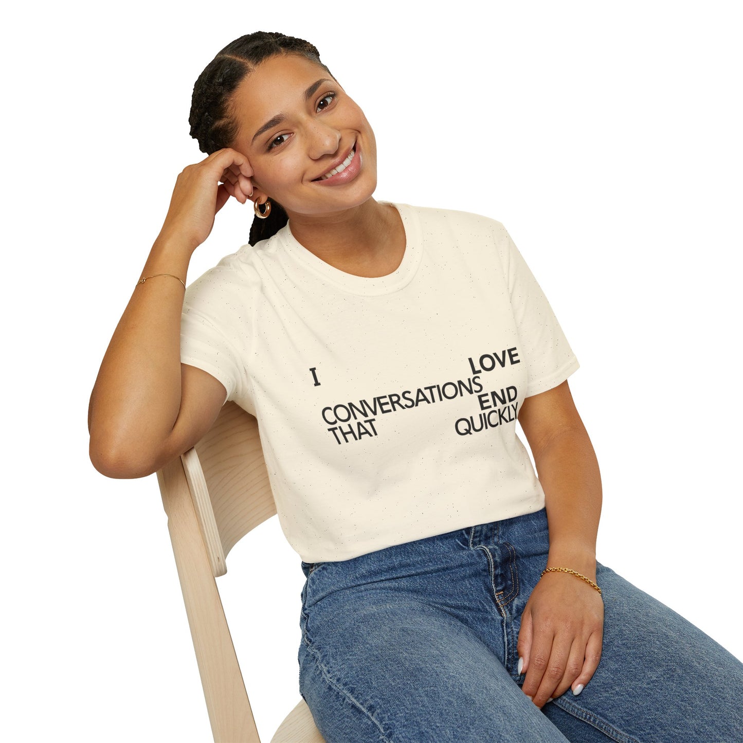 Anti social introvert tee that reads “I love conversations that end quickly” in bold text-only design