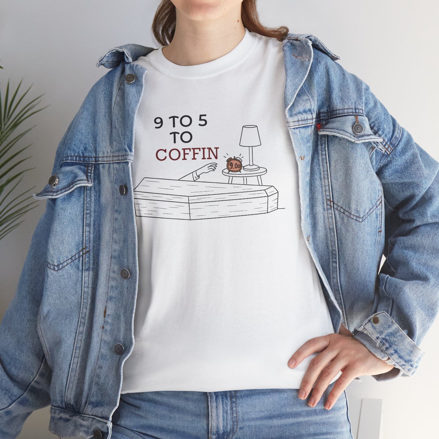 Person wearing a white t-shirt Dead Inside shirt with “9 TO 5 to COFFIN” typography and coffin icon for introverts feeling job stress and burnout
