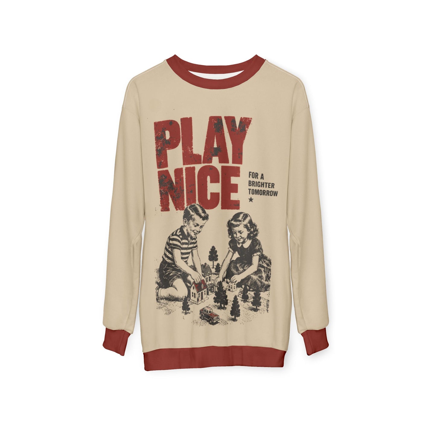 Play Nice all-over-print graphic sweatshirt in warm beige with red ribbed trim