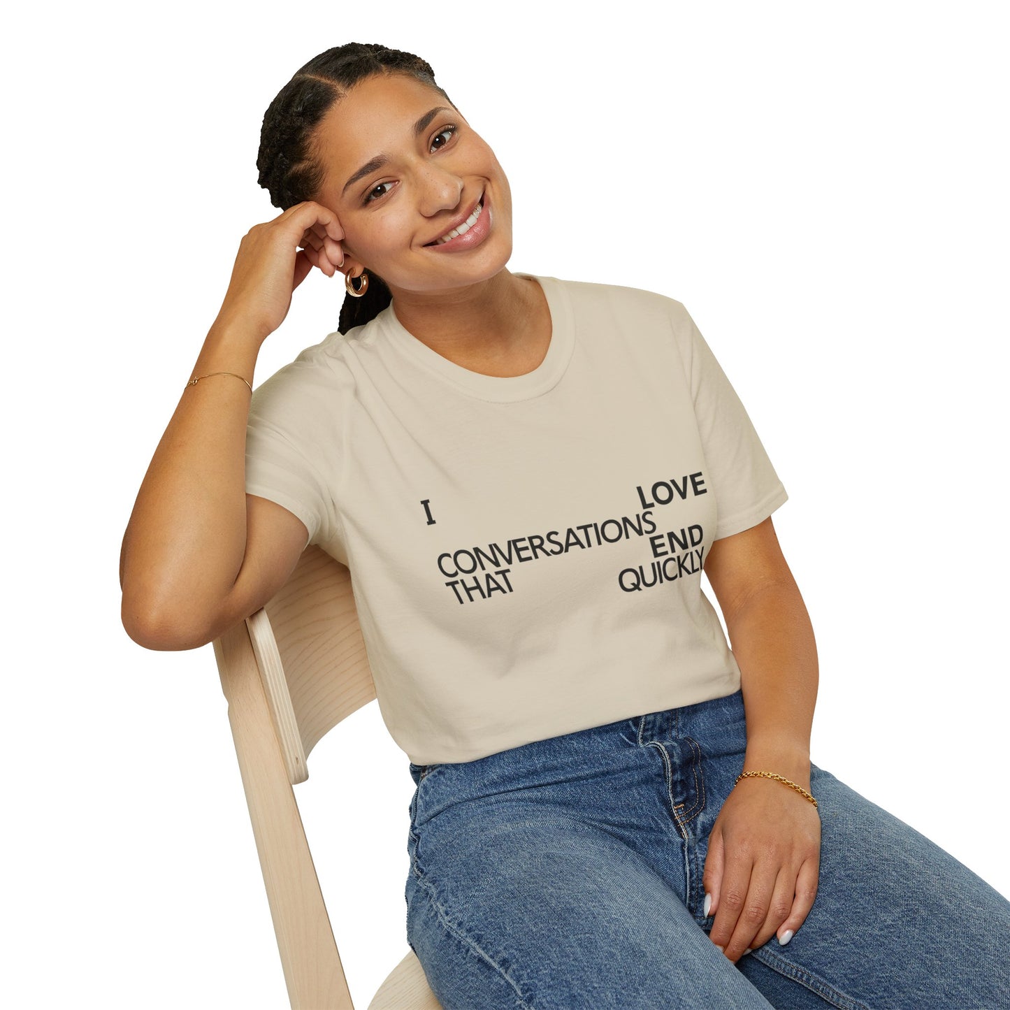 Anti social introvert tee that reads “I love conversations that end quickly” in bold text-only design