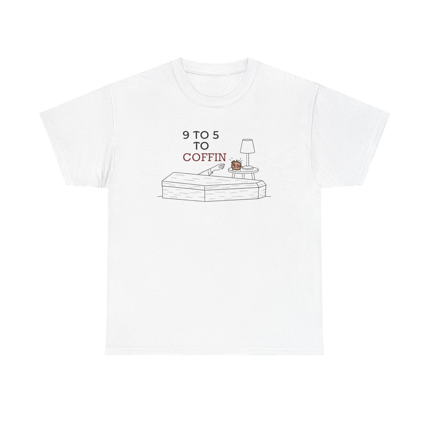 Dead Inside shirt with “9 TO 5 to COFFIN” typography and coffin icon for introverts feeling job stress and burnout