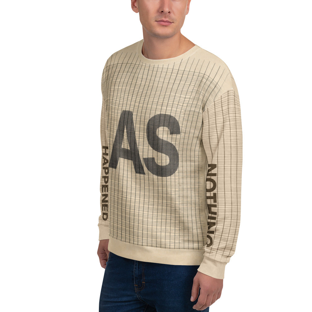 Front angle view of Anti-Hustle Ghost Mode sweatshirt showing large AS text with HAPPENED and NOTHING printed on sleeves