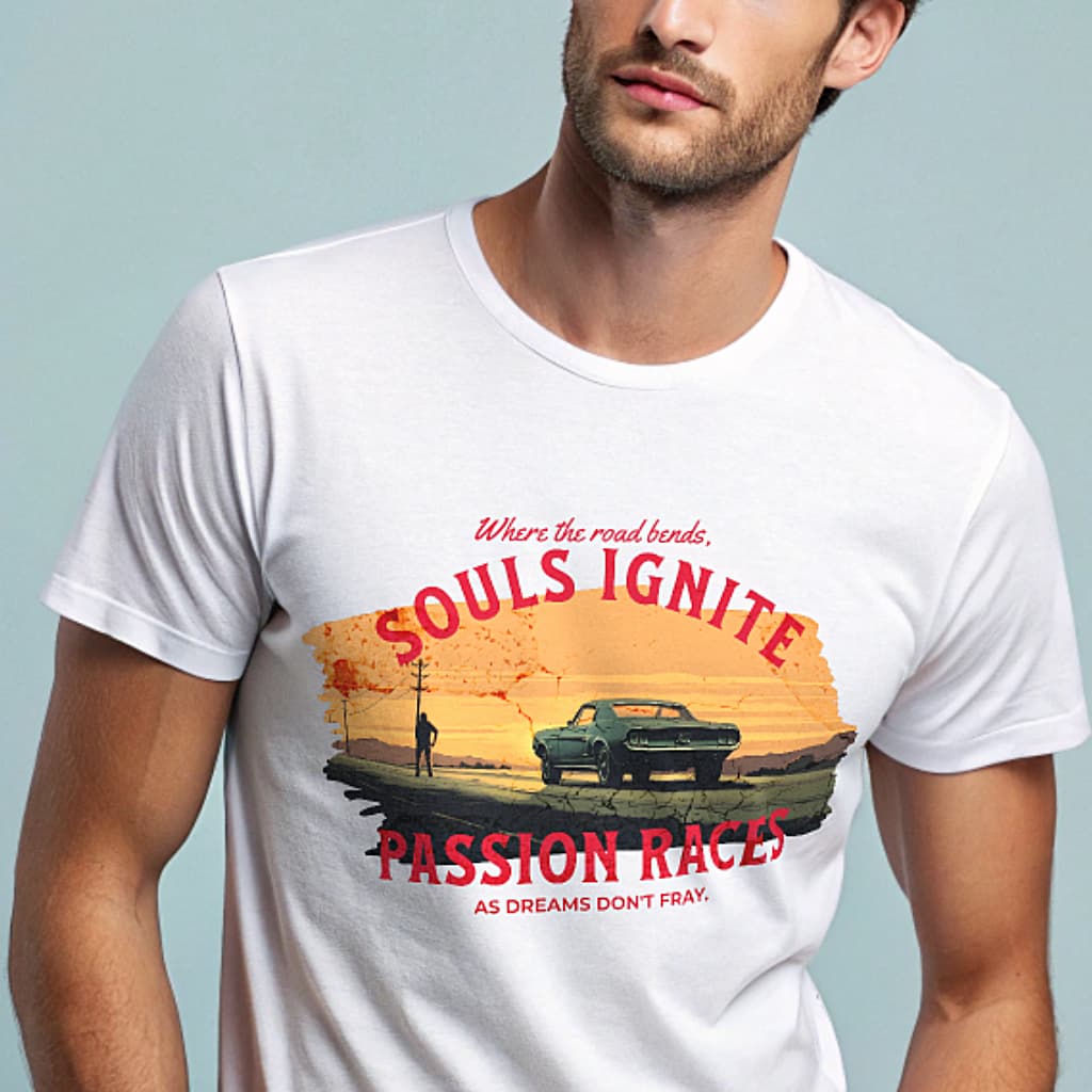 White regular-fit T-shirt with Souls Ignite vintage Mustang muscle car graphic on the front