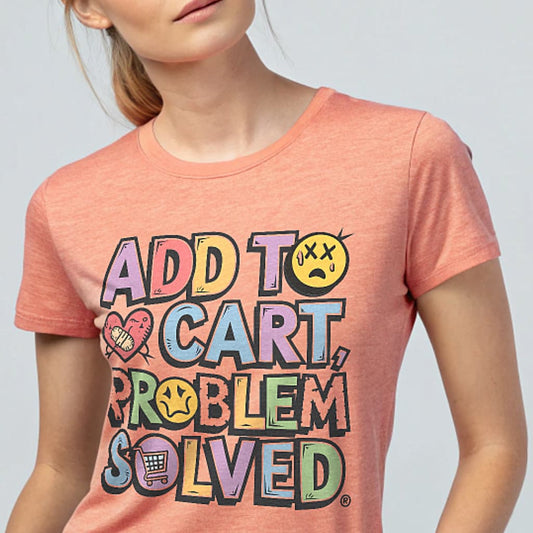 Add to Cart Problem Solved tee with pastel lettering, cart, bandaged heart and distressed face doodles