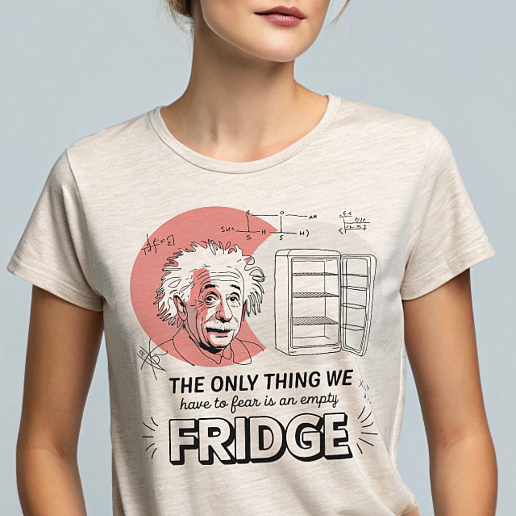 Einstein empty-fridge science joke graphic on a Text Tease regular-fit T-shirt