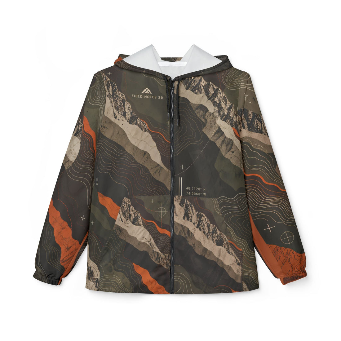 FIELD NOTES 26 topographic windbreaker in olive, charcoal, sand and burnt orange terrain print