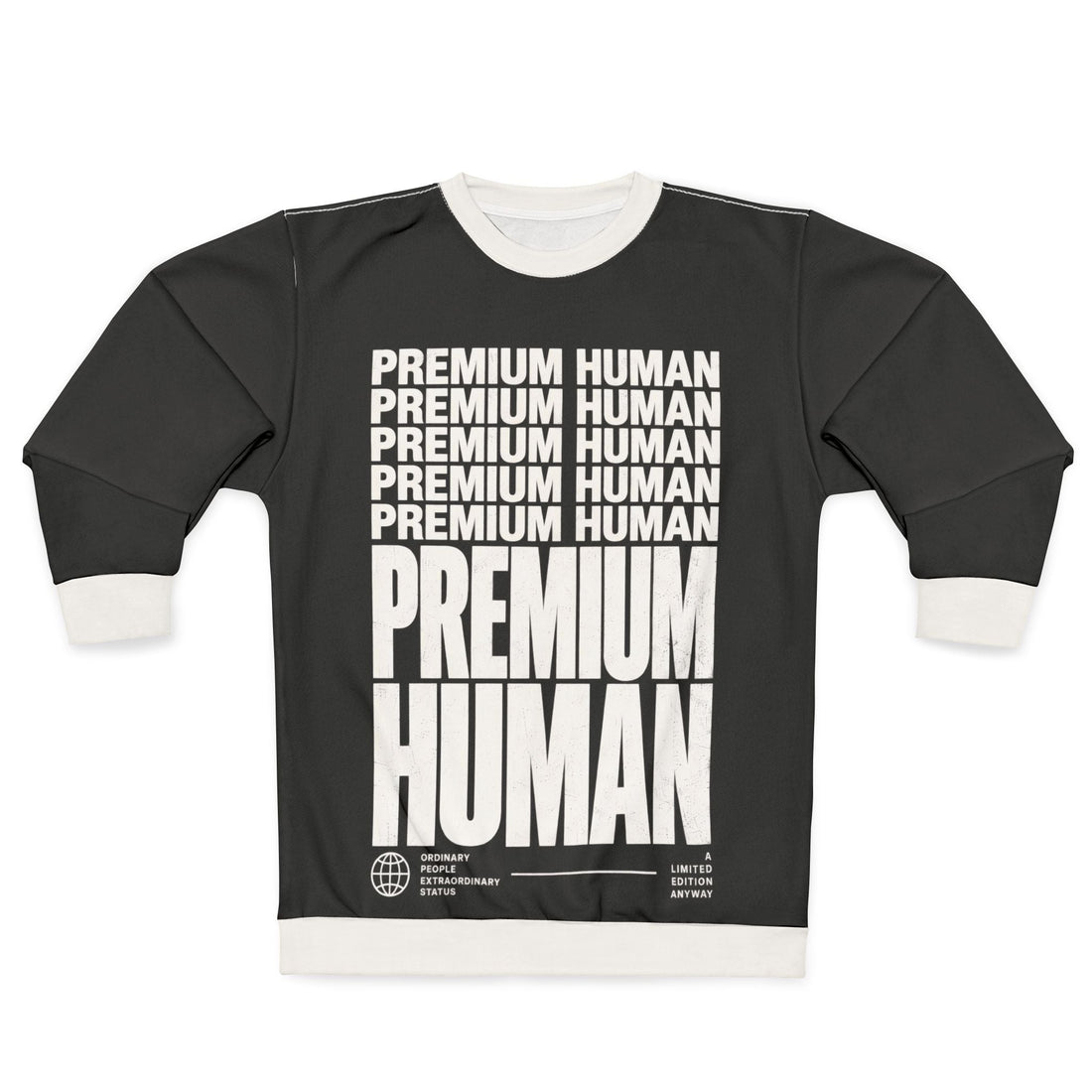 Charcoal Premium Human graphic crewneck sweatshirt with repeated white statement typography