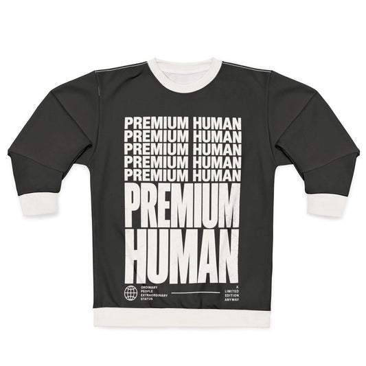 Charcoal Premium Human graphic crewneck sweatshirt with repeated white statement typography