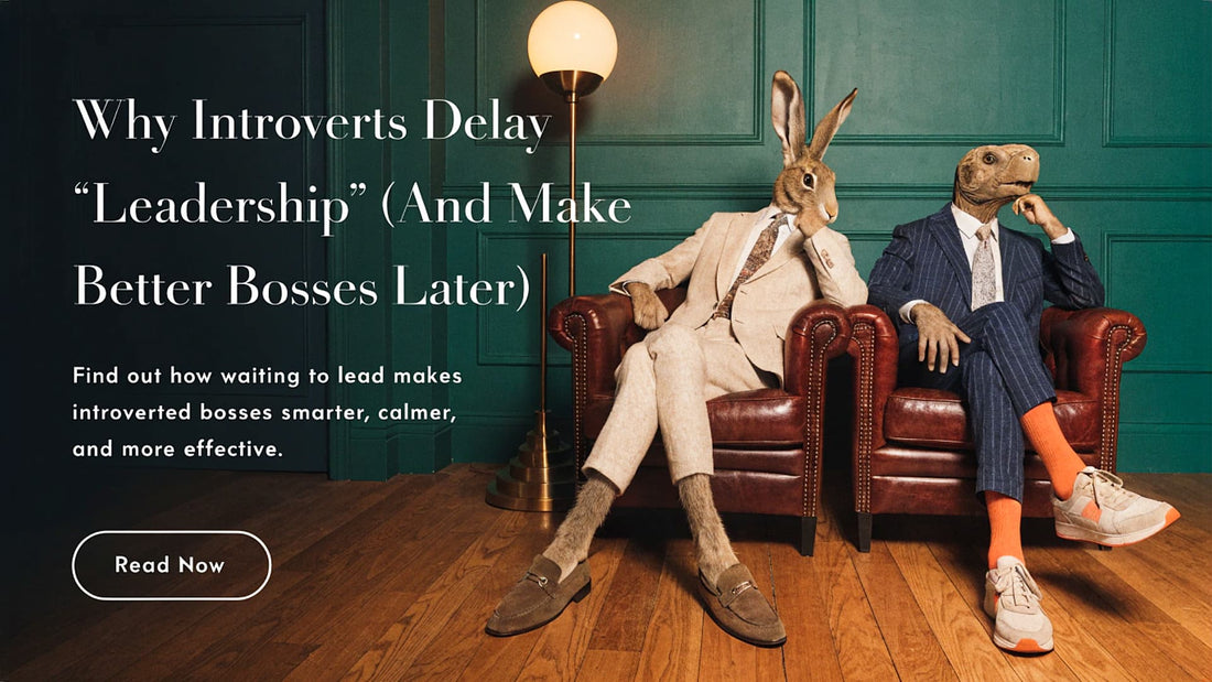 A hare and a tortoise in business suits next to the article title, "Why Introverts Delay Leadership."