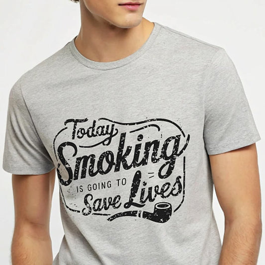 Smoking Saves Lives dark humor retro graphic T-shirt with distressed typography