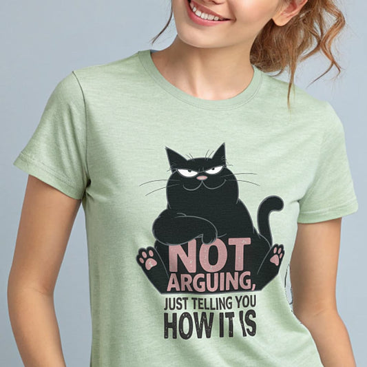 Not Arguing sarcastic black cat graphic T-shirt product mockup