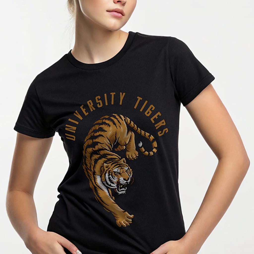 Model wearing black Vintage University Tigers T-shirt with distressed tiger mascot graphic