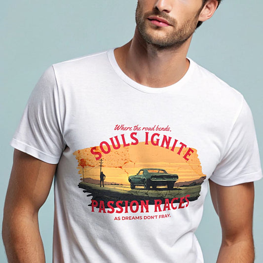 Souls Ignite vintage Mustang muscle car graphic T-shirt product mockup