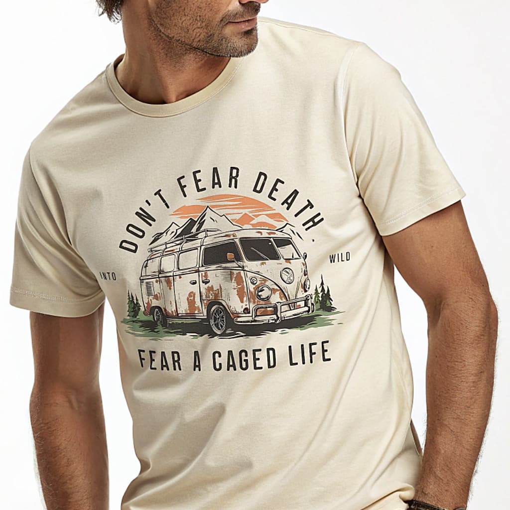 Vintage camper and landscape T-shirt reading “Don’t Fear Death, Fear a Caged Life”