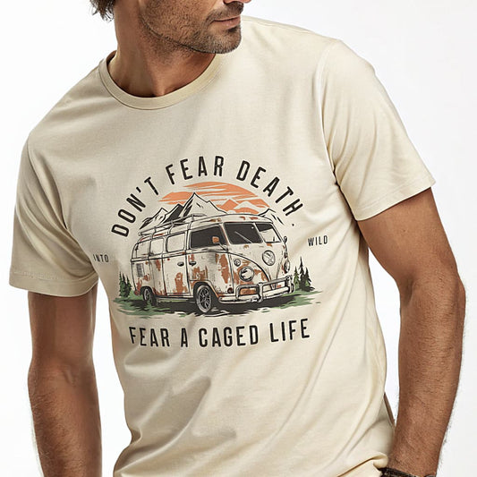 Vintage camper and landscape T-shirt reading “Don’t Fear Death, Fear a Caged Life”