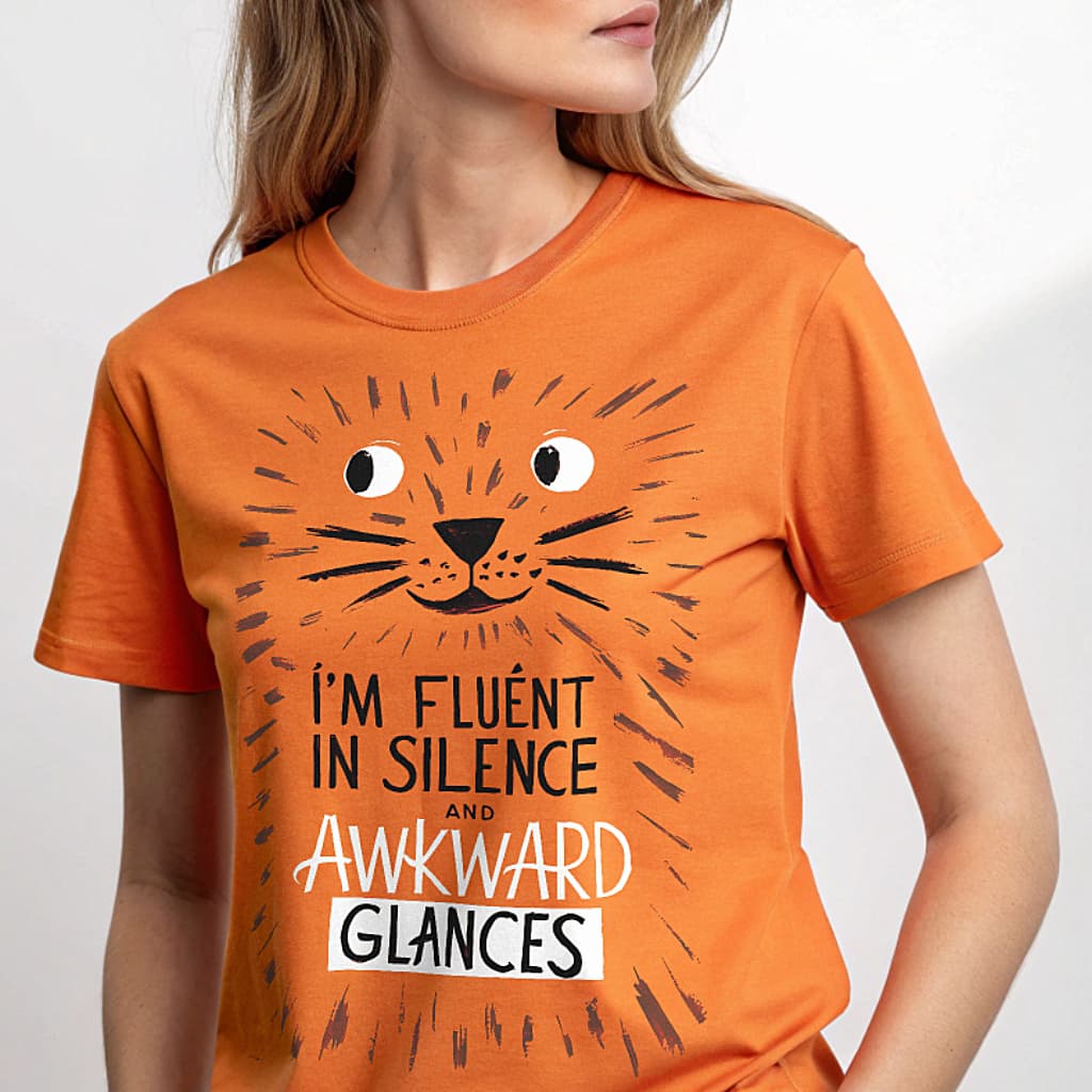 Fluent in Silence funny cat introvert T-shirt with quiet-humor graphic