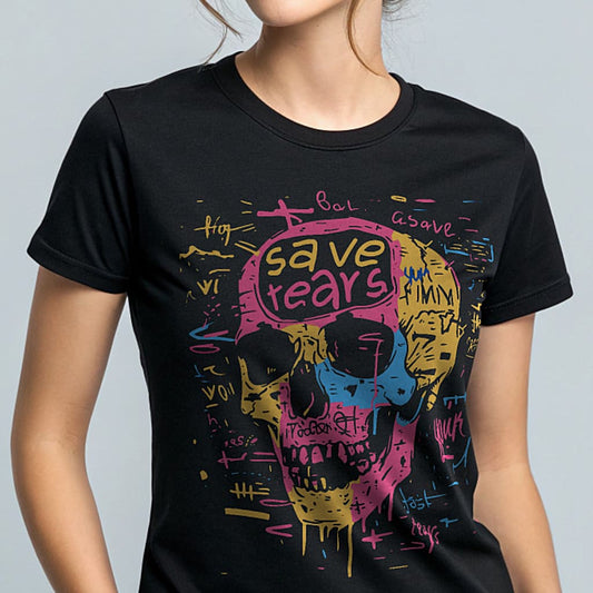 Save Your Tears retro skull art graphic T-shirt product mockup