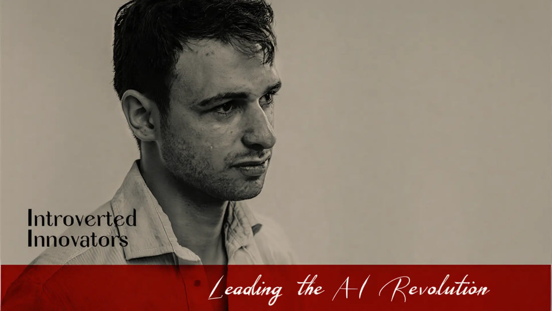 Black and white portrait of a thoughtful man looking to the side, with the text “Introverted Innovators” and “Leading the AI Revolution” overlaid in bold typography.