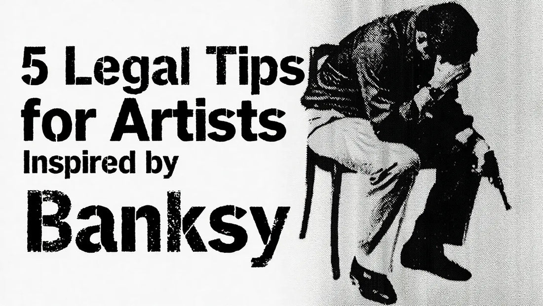 Black-and-white stencil-style artwork with text “5 Legal Tips for Artists Inspired by Banksy” alongside a distressed figure sitting on a chair, head in hands, evoking Banksy-inspired street art.