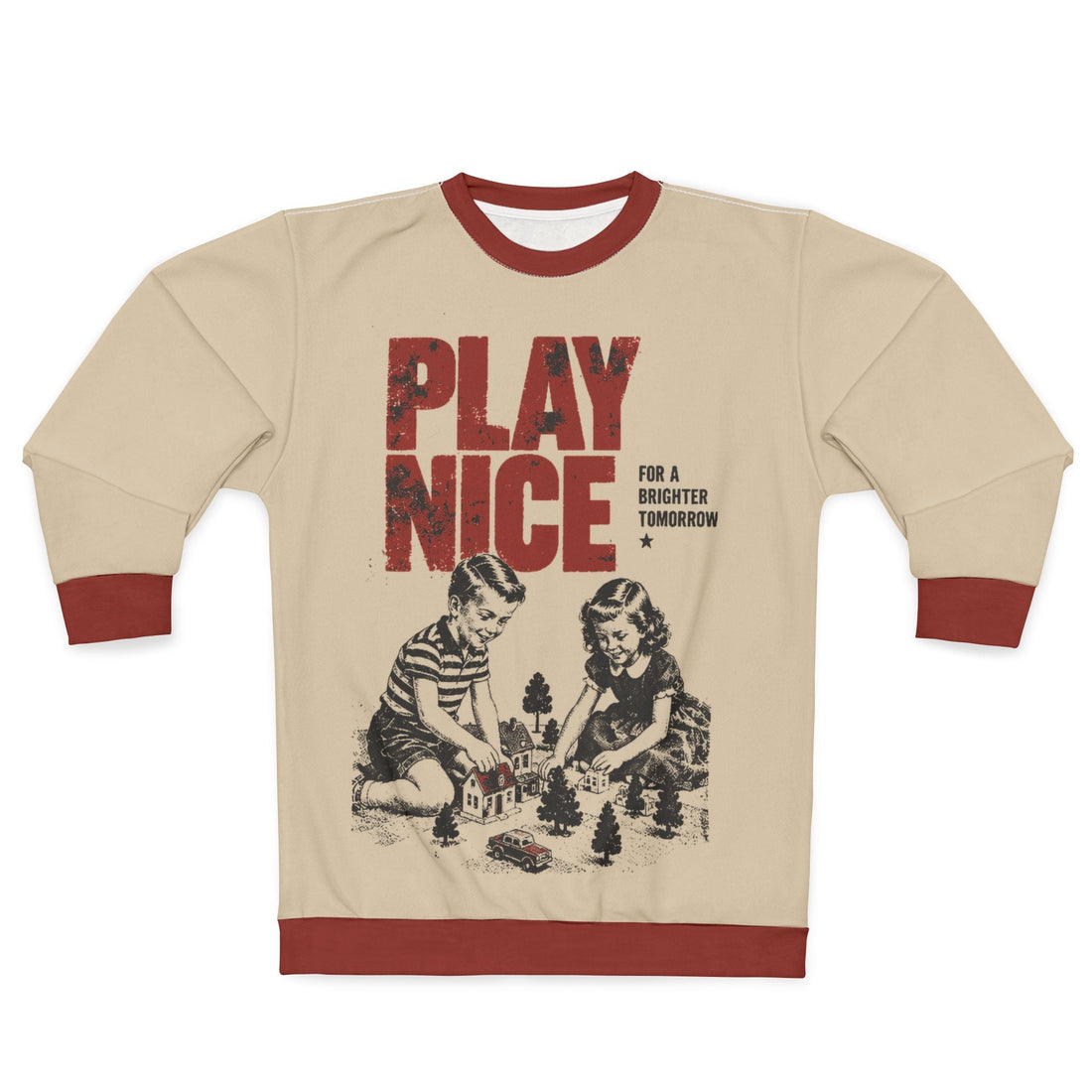 Beige Play Nice retro propaganda sweatshirt with distressed red lettering, vintage children illustration and red ribbed trim