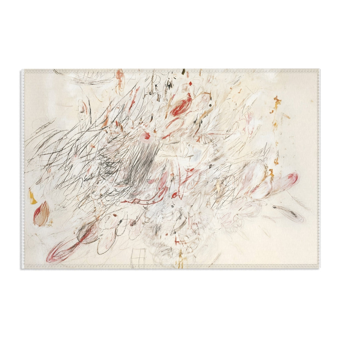 Cream 24 by 36 inch accent rug with expressive abstract line art and modern scribble details