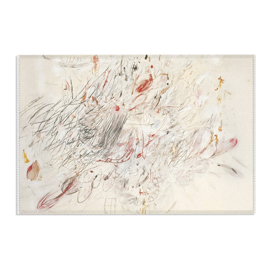 Cream 24 by 36 inch accent rug with expressive abstract line art and modern scribble details