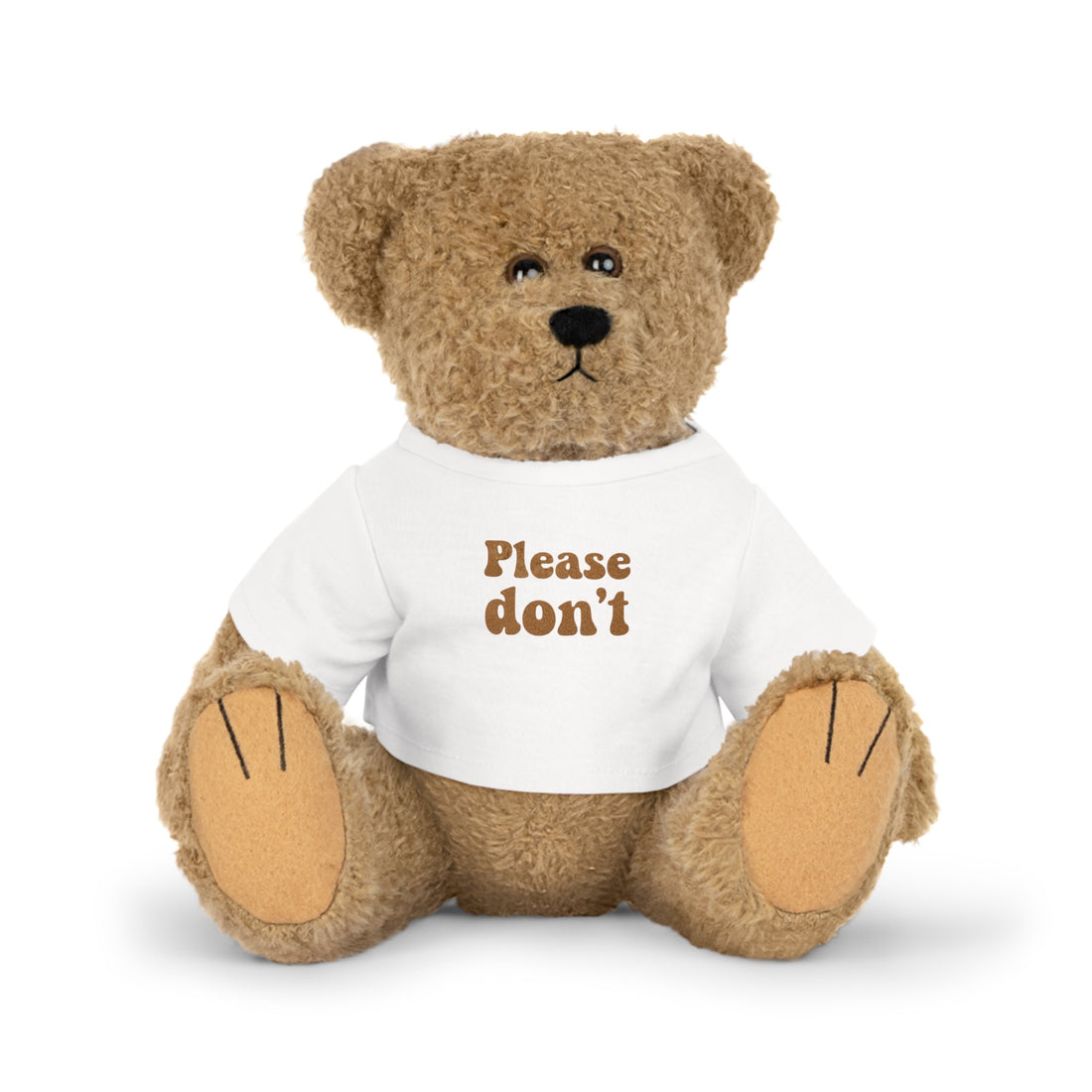 Teddy bear plush wearing a white “Please Don’t” T-shirt as a quiet boundary gift